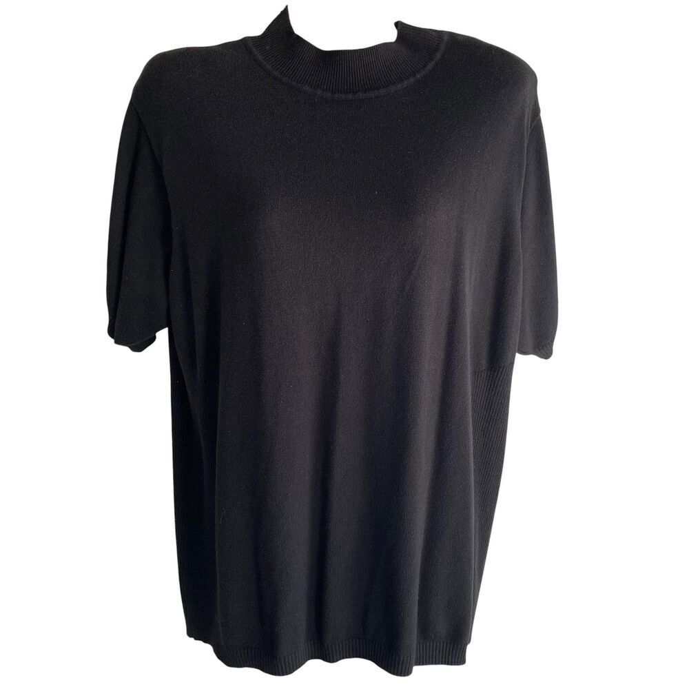 Dressbarn Sweater Womens 1X Black Short Sleeve Mock Neck Shoulder Pads Knit